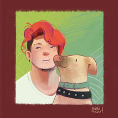 Portrait of Calvin, a man with short, curly red hair, next to his dog Salto, a sans-colored podenco.
