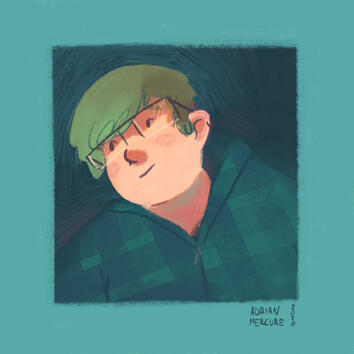 Self-portrait of the artist: a chubby, androgynous white person with short hair and glasses.